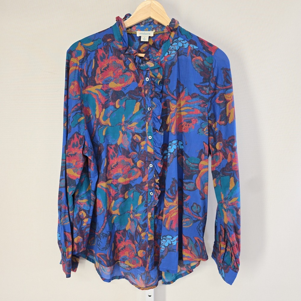 Sundance Womens Blue Floral Ruffle Front Cotton Button Down Blouse Large L